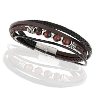 Men's brown black leather bracelet with steel clasp and agate - 