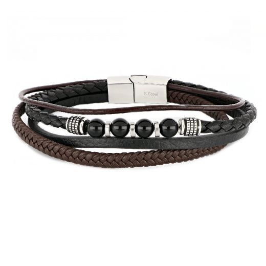 Men's black brown leather bracelet with steel clasp and onyx
