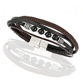 Men's black brown leather bracelet with steel clasp and onyx - 