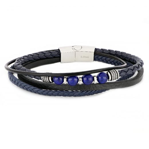 Men's blue black leather bracelet with steel clasp and agate