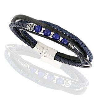 Men's blue black leather bracelet with steel clasp and agate - 