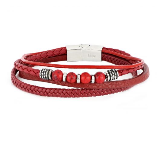 Men's red leather bracelet with steel clasp and agate