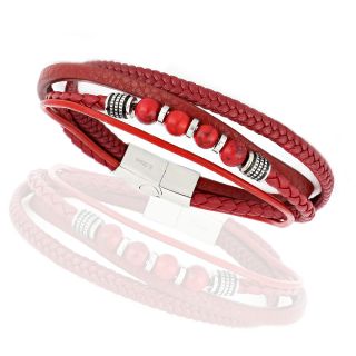 Men's red leather bracelet with steel clasp and agate - 