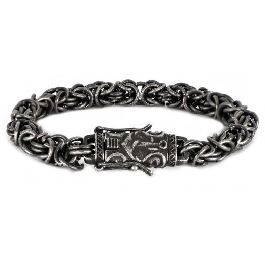 Men's stainless steel bracelet with black oxidation and embossed clasp