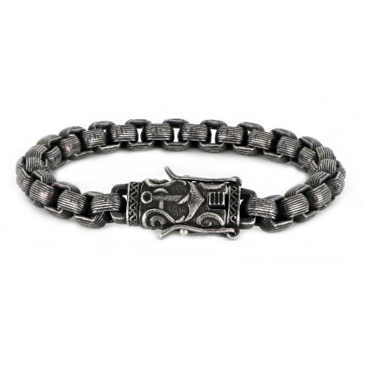 Men's stainless steel bracelet with black oxidation, embossed clasp and thickness 8mm