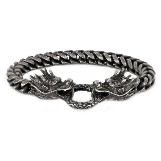 Men's stainless steel bracelet with black oxidation and dragon head