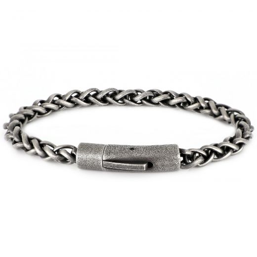Men's stainless steel bracelet with black oxidation and round clasp