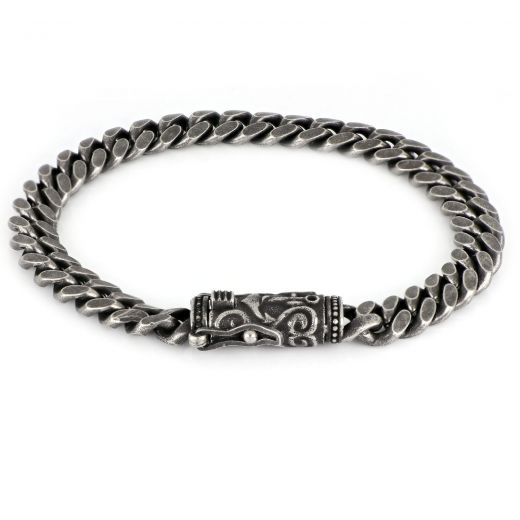 Men's stainless steel bracelet with black oxidation and embossed clasp