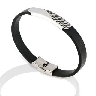Men's steel bracelet made of black leather with white plate and embossed black lines - 