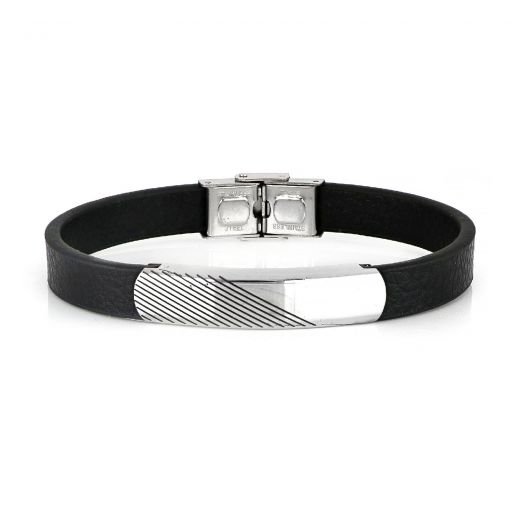 Men's steel bracelet made of black leather with white plate and embossed black lines