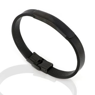 Men's steel bracelet made of black leather with black plate and embossed black lines - 