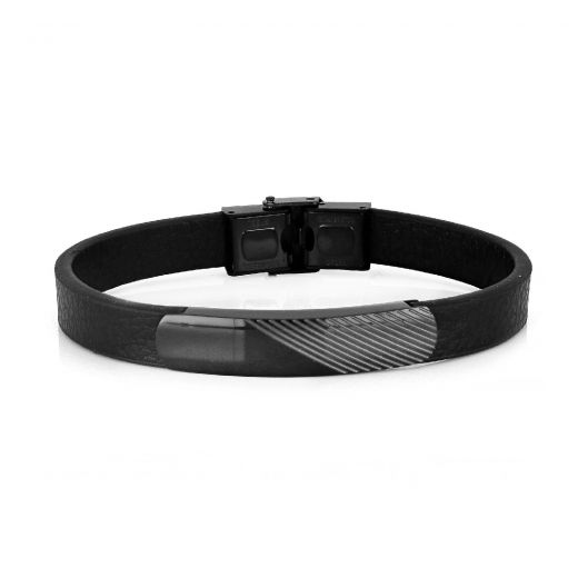 Men's steel bracelet made of black leather with black plate and embossed black lines