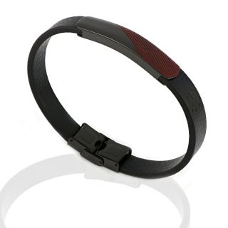 Men's steel bracelet made of black leather with black plate and embossed red lines - 