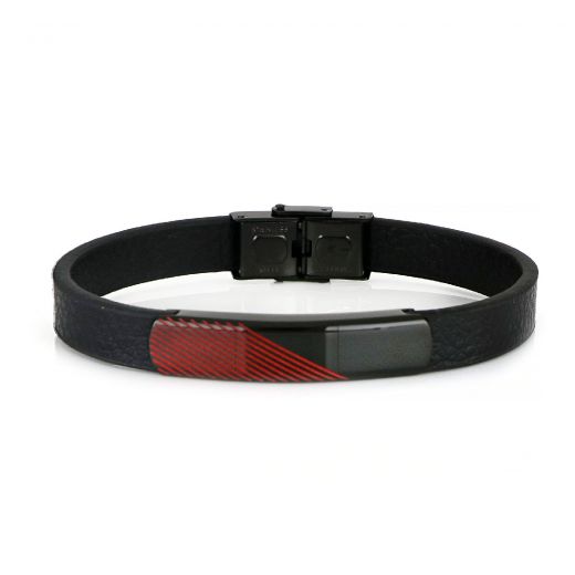 Men's steel bracelet made of black leather with black plate and embossed red lines