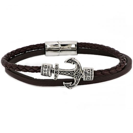 Bracelet made of one knitted and one flat brown leather with anchor