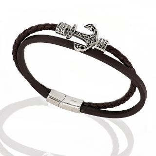 Bracelet made of one knitted and one flat brown leather with anchor - 