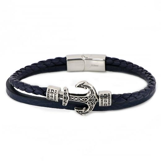 Bracelet made of one knitted and one flat blue leather with anchor