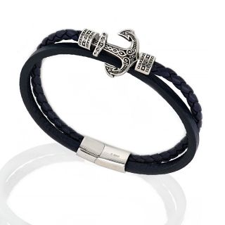 Bracelet made of one knitted and one flat blue leather with anchor - 