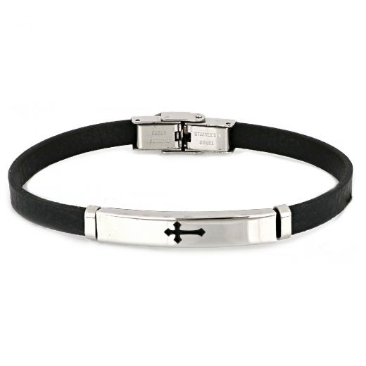 Men's steel bracelet made of black leather with white plate and black cross