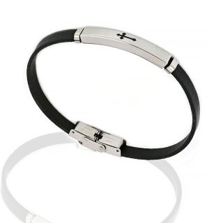 Men's steel bracelet made of black leather with white plate and black cross - 