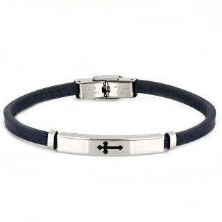 Men's steel bracelet made of blue leather with white plate and black cross