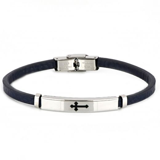 Men's steel bracelet made of blue leather with white plate and black cross