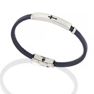 Men's steel bracelet made of blue leather with white plate and black cross - 
