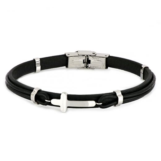 Men's steel bracelet made of black leather with decorative charms and white cross