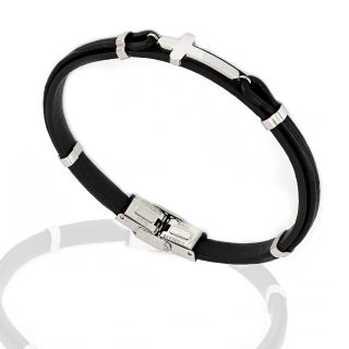 Men's steel bracelet made of black leather with decorative charms and white cross - 