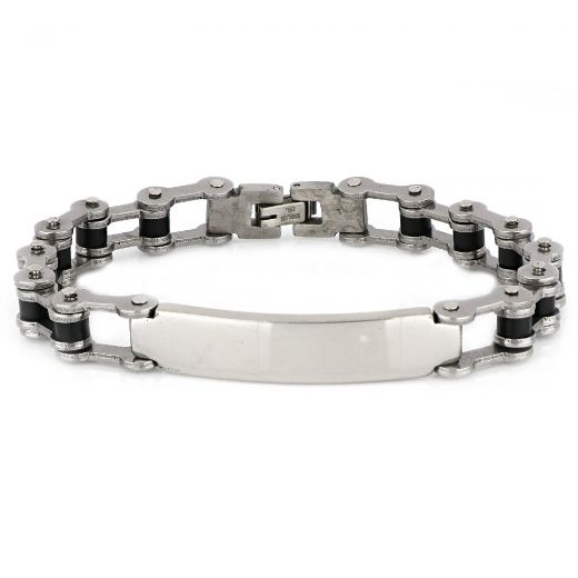 ID Bracelet made of stainless steel with black and white motorcycle chain design