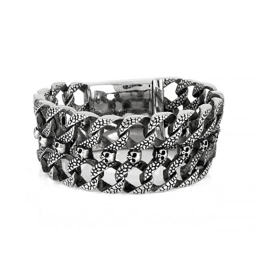 Men's stainless steel embossed bracelet with two rows and skulls
