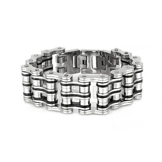 Men's stainless steel black and white bracelet with two rows motorcycle chain design