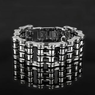 Men's stainless steel black and white bracelet with two rows motorcycle chain design - 