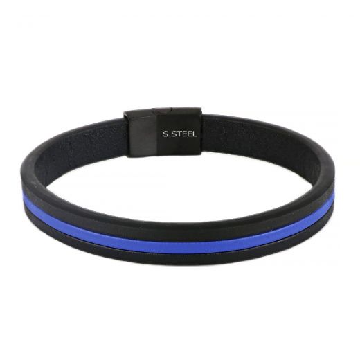 Men's stainless steel black leather bracelet with blue stripe
