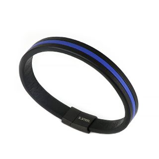 Men's stainless steel black leather bracelet with blue stripe - 