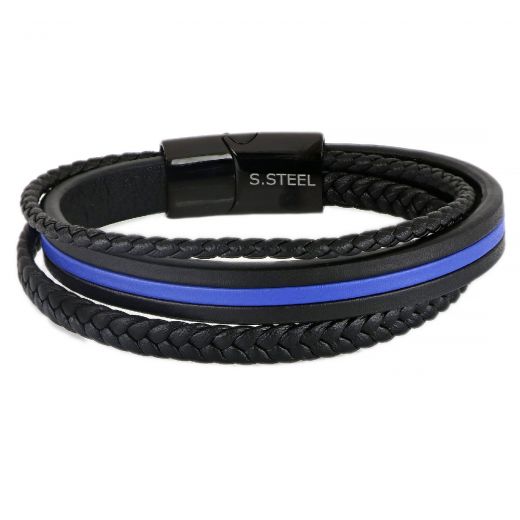 Men's stainless steel blue black leather bracelet with two braided rows