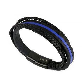 Men's stainless steel blue black leather bracelet with two braided rows - 