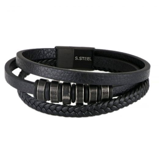 Men's stainless steel black leather bracelet with two braided rows and metallic elements on the center
