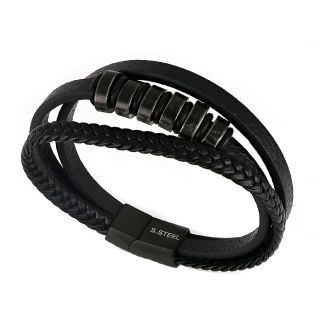 Men's stainless steel black leather bracelet with two braided rows and metallic elements on the center - 