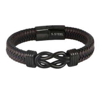Men's stainless steel brown black leather bracelet with a knot on the center