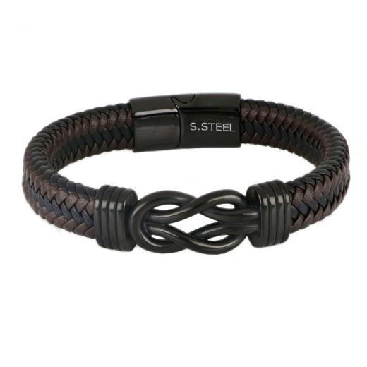 Men's stainless steel brown black leather bracelet with a knot on the center