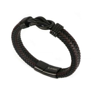 Men's stainless steel brown black leather bracelet with a knot on the center - 