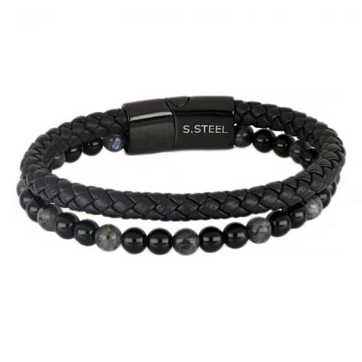 Men's stainless steel black leather braided bracelet with black onyx and grey jasper