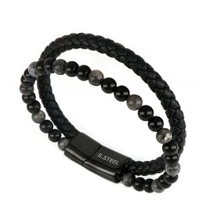 Men's stainless steel black leather braided bracelet with black onyx and grey jasper - 