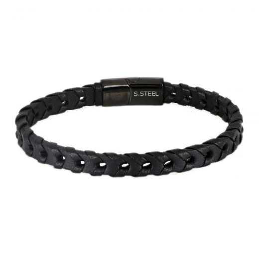 Men's stainless steel black leather braided bracelet