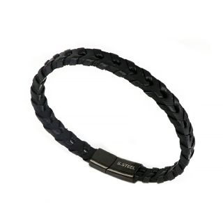 Men's stainless steel black leather braided bracelet - 