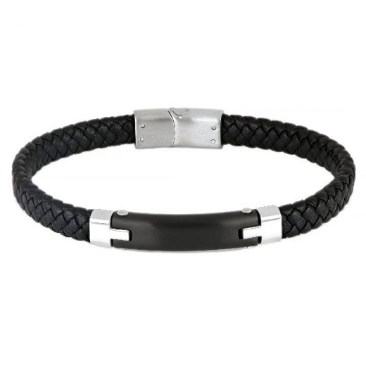 Men's stainless steel black leather bracelet with a black plate and stainless steel clasp