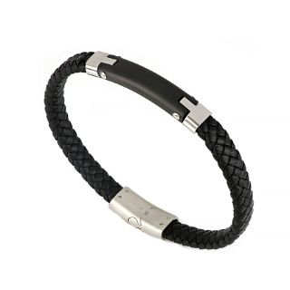 Men's stainless steel black leather bracelet with a black plate and stainless steel clasp - 