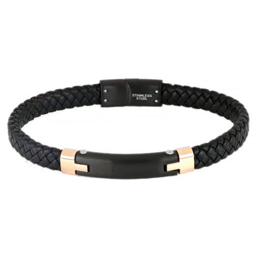 Men's stainless steel black leather bracelet with a black plate and rose gold details