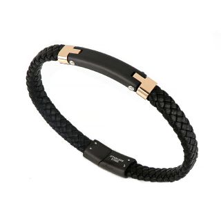 Men's stainless steel black leather bracelet with a black plate and rose gold details - 